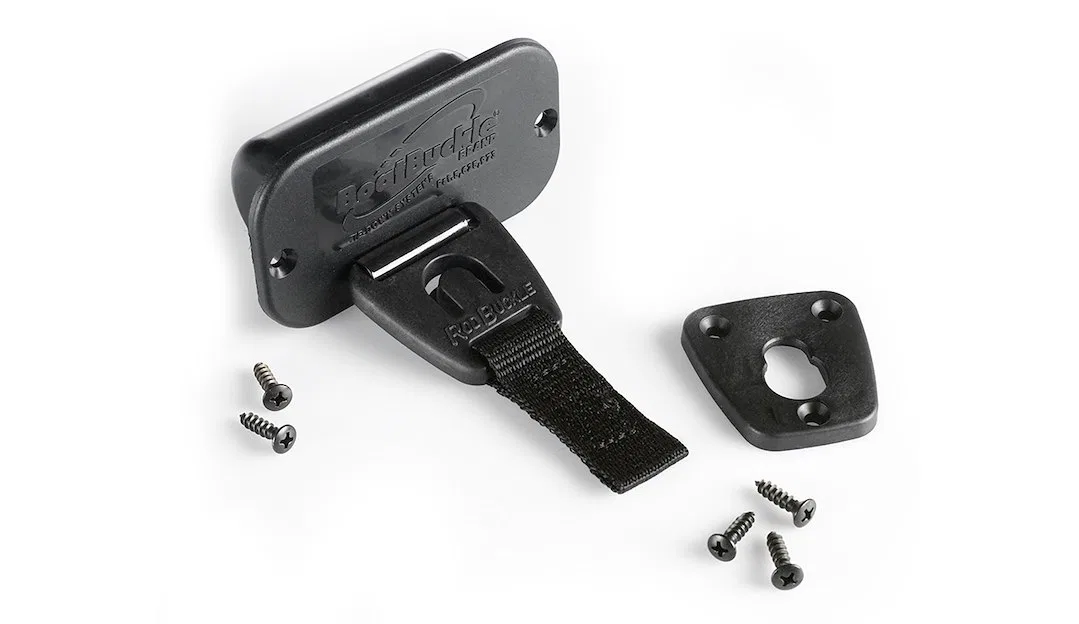 F14200 – IMMI Fishing Rod Holder, Surface Mount Holds 2 Fishing Rods Strap Style Hold Black PVC Coated Polyester With...